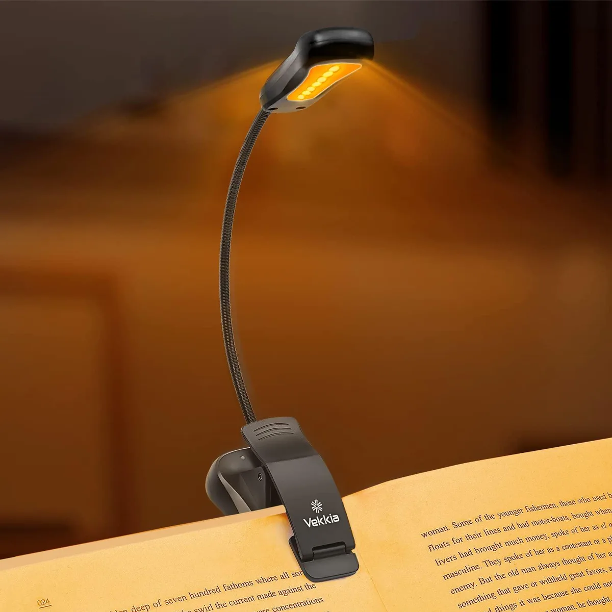 Amber rechargeable book light with flexible gooseneck clamp and frosted LED panel