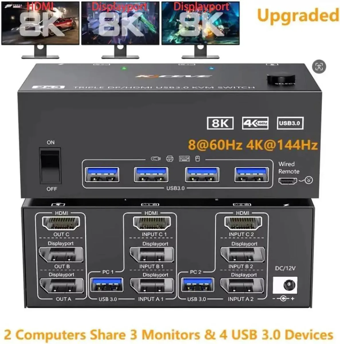 Vszerda Vszerda Triple Monitor KVM Switch 2 PC 3 Mon 8K60 4K144 DP HDMI 4 USB 3.0 Wired Remote — product photo
