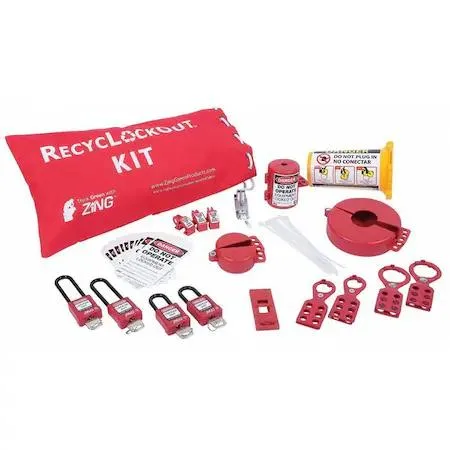 Zing 7134 portable lockout kit in fabric bag with assorted lockouts and tags