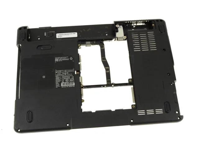 Grey plastic laptop bottom base with power button board speakers Wi-Fi switch and battery latch