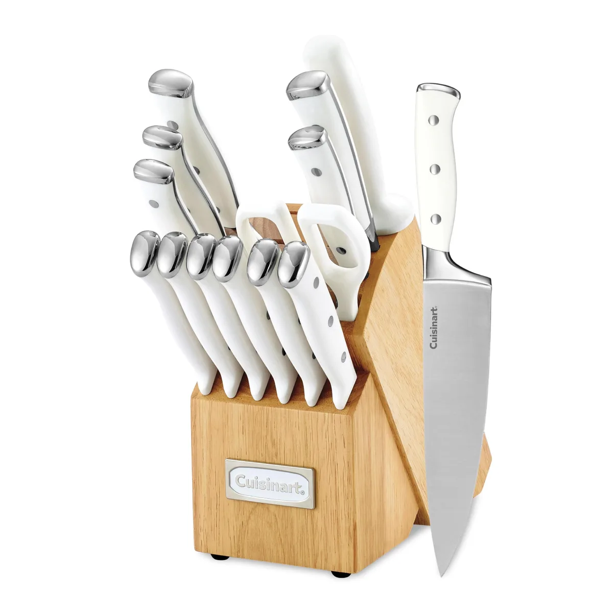 White wooden block holding fifteen forged knives with black stainless-steel handles and triple rivets
