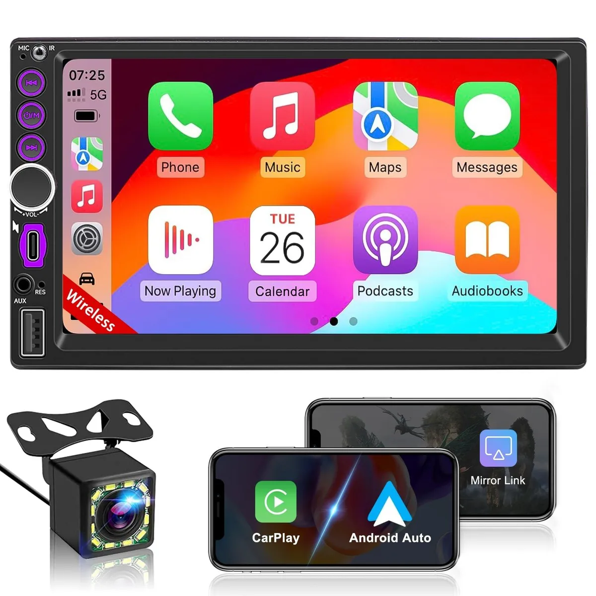 Rectangular 7-inch touchscreen unit with black bezel and visible camera lens