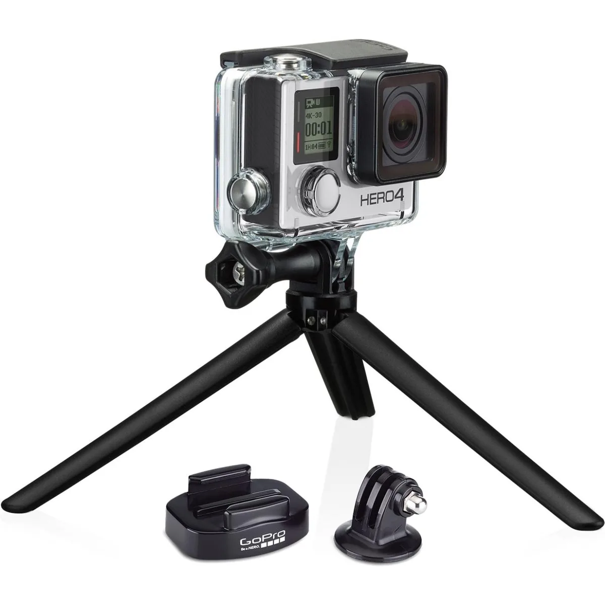 Black GoPro tripod mount with quick-release adapter, two pieces