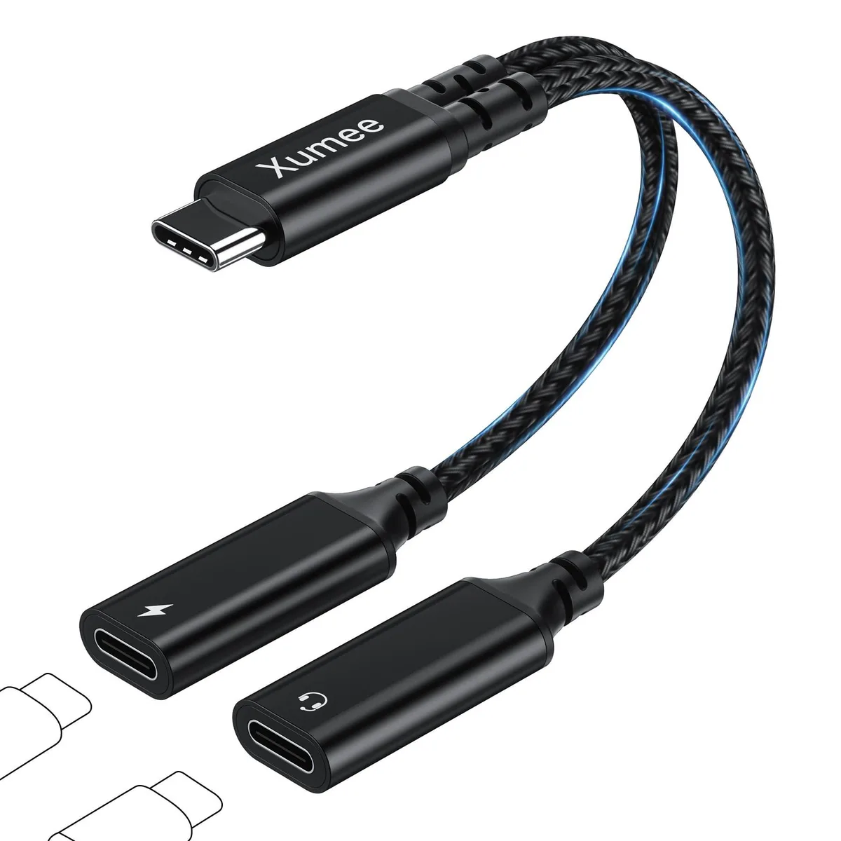 Black USB-C splitter cable with two female ports and braided cord