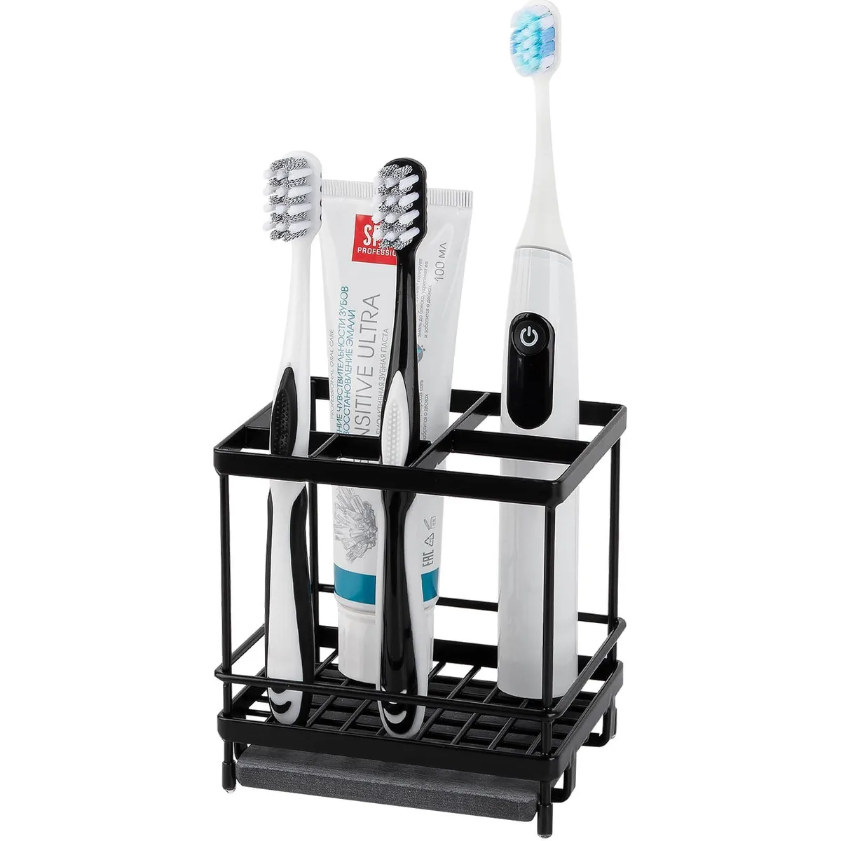 Black carbon steel bathroom organizer with five compartments and diatomaceous earth drip tray