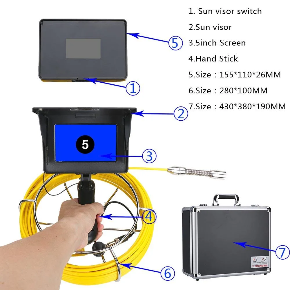 China Bks China Bks 17mm 20M/65ft Pipe Inspection Camera 1200 TVL 5in Monitor — product photo