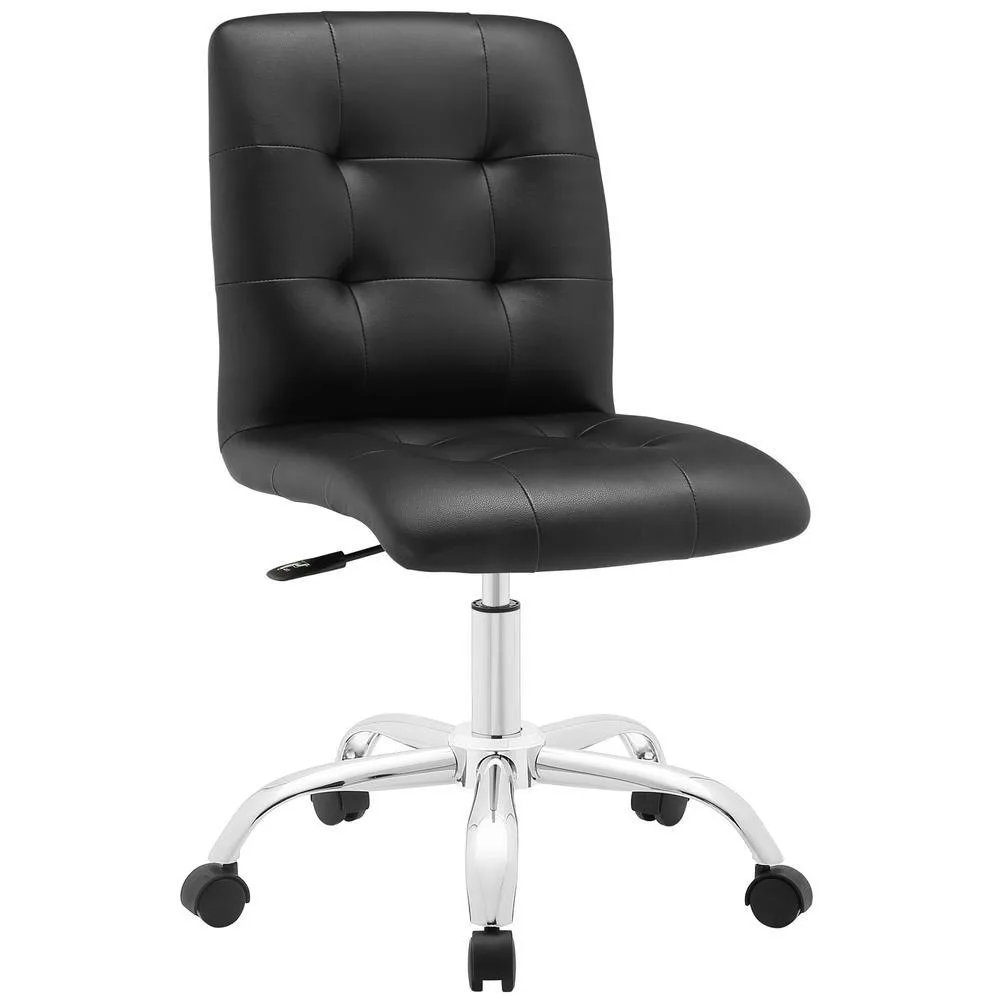 Black armless mid-back office chair with tufted faux leather and polished chrome base