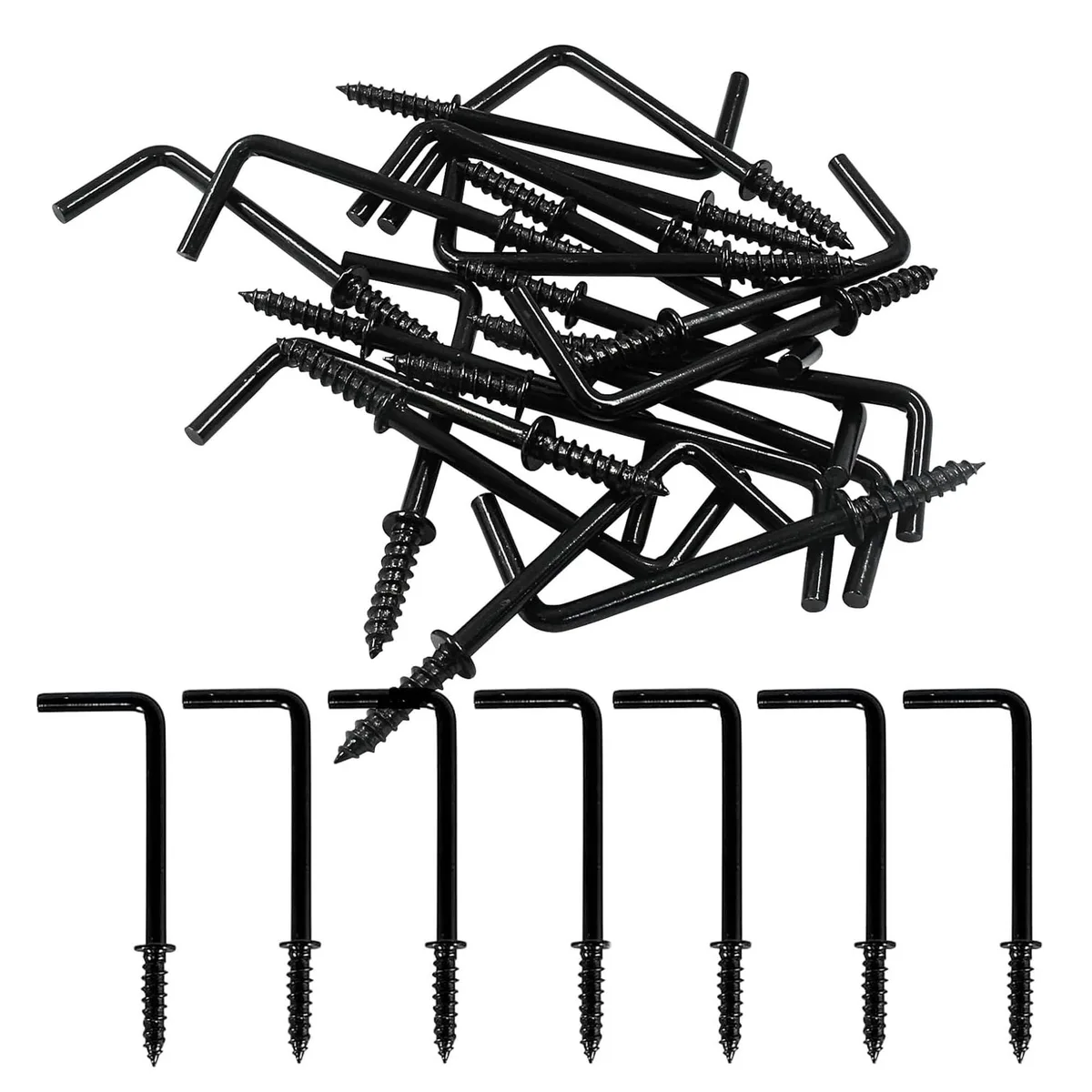 Gun black square bend screw hooks, thirty pieces, two inch L shape