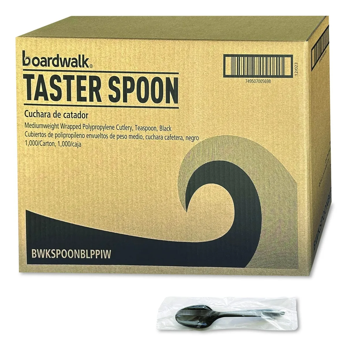 Black mediumweight polypropylene spoons individually wrapped in a carton of 1000