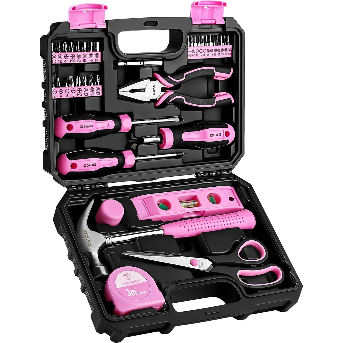 Pink 42-piece tool kit in a compact silver case