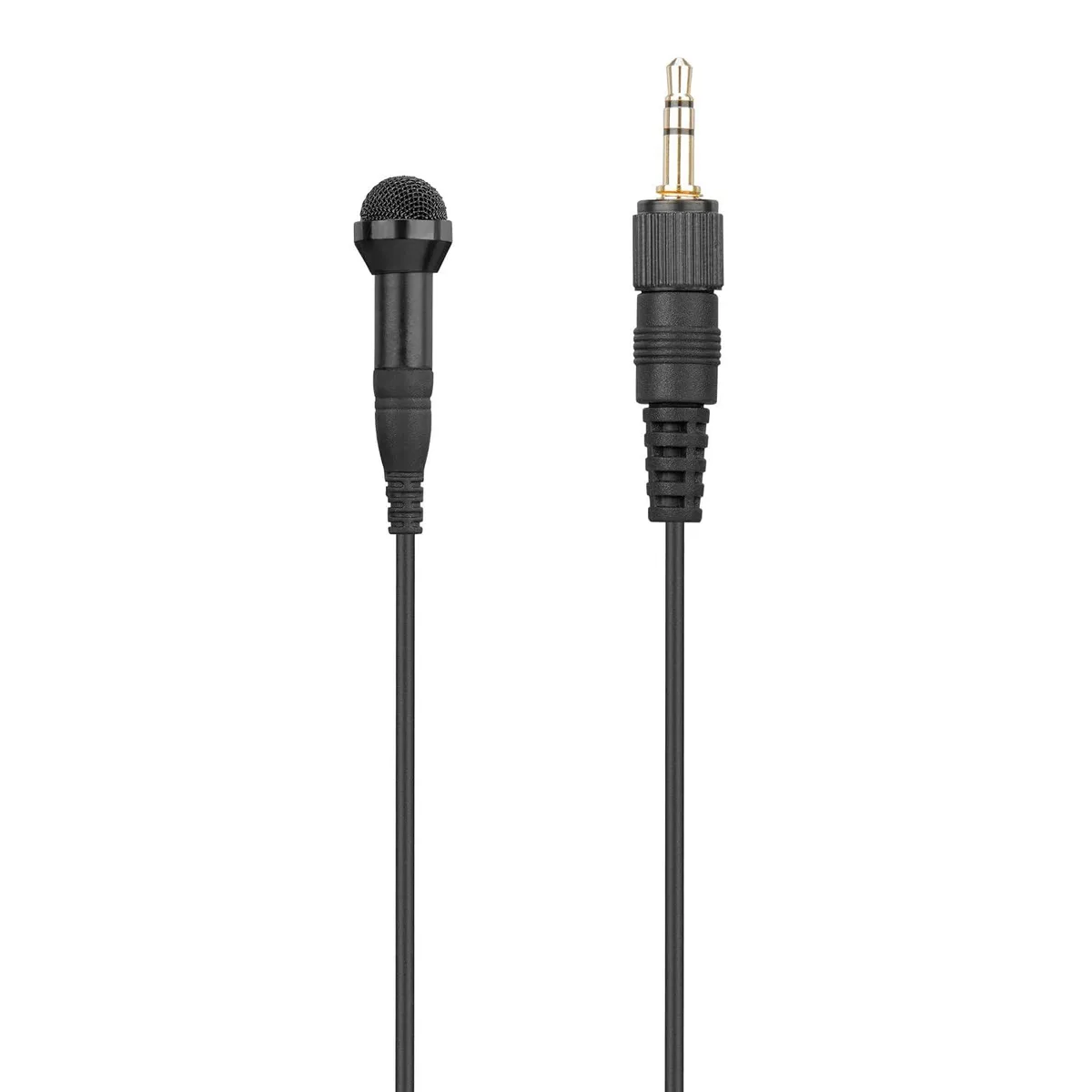 Small black lavalier mic with foam, metal and furry windscreens, locking 3.5 mm plug, alligator clip and zip case