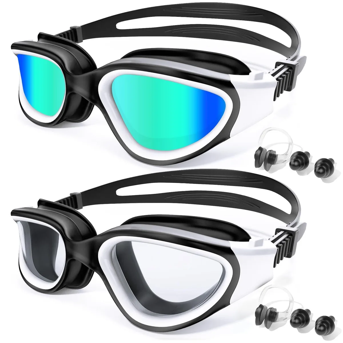  Fulllove Swim Goggles Gold Anti-Fog 10x Silicone Nose Clip Earplugs — product photo