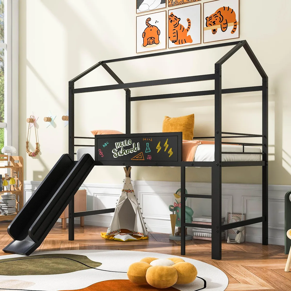 tuphen tuphen Metal House Bed With Slide Twin Size Black 77.6"L 40.6"W 83"H — product photo