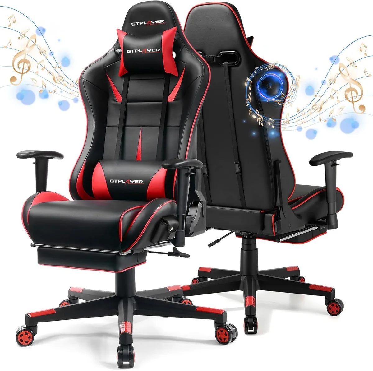 GTPLAYER GTPLAYER NEG-GT909MF-RED gaming chair, Bluetooth 5.1 speakers, footrest, lumbar, 300 lb, red — product photo