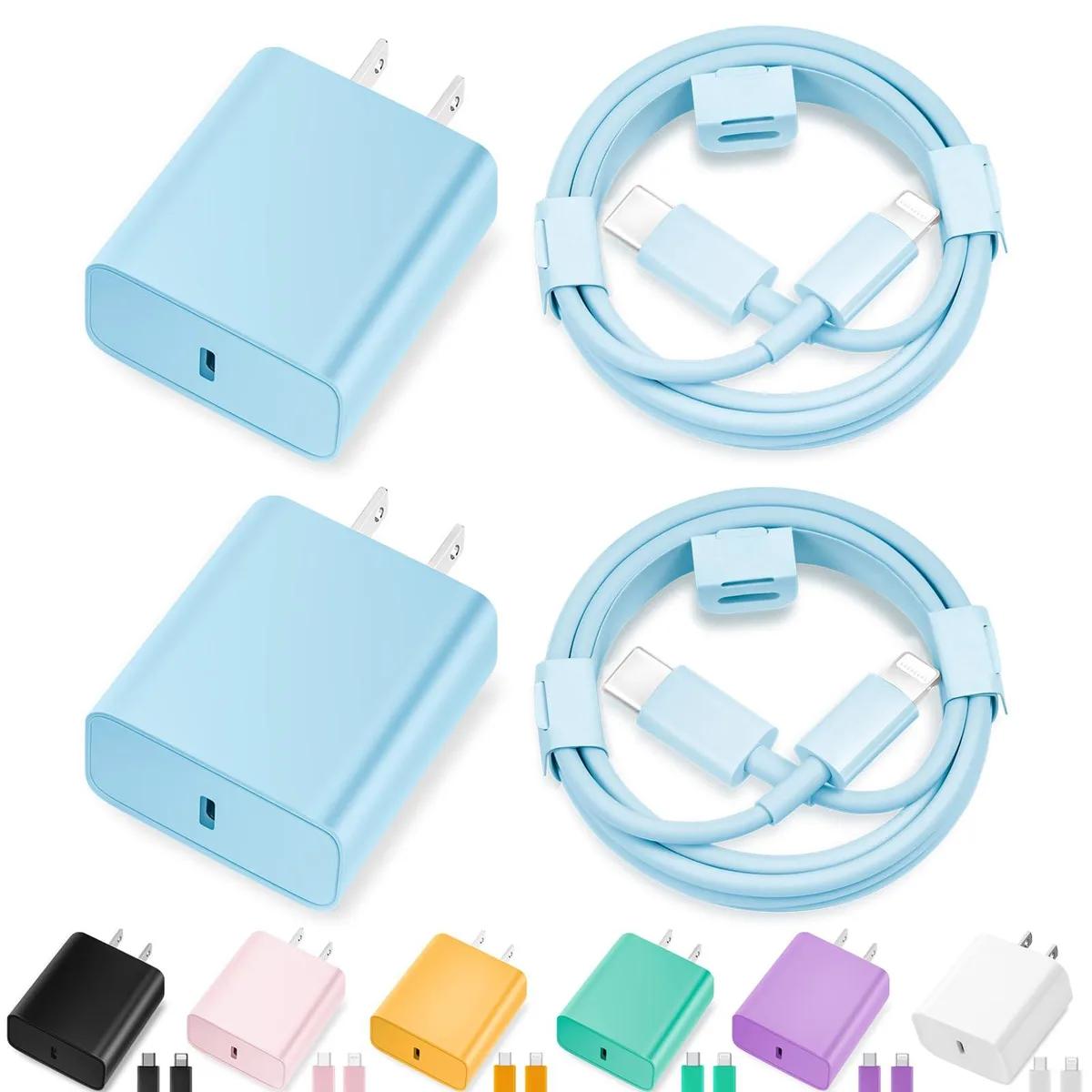 Two white USB-C wall chargers with coiled white Lightning cables, one longer than the other