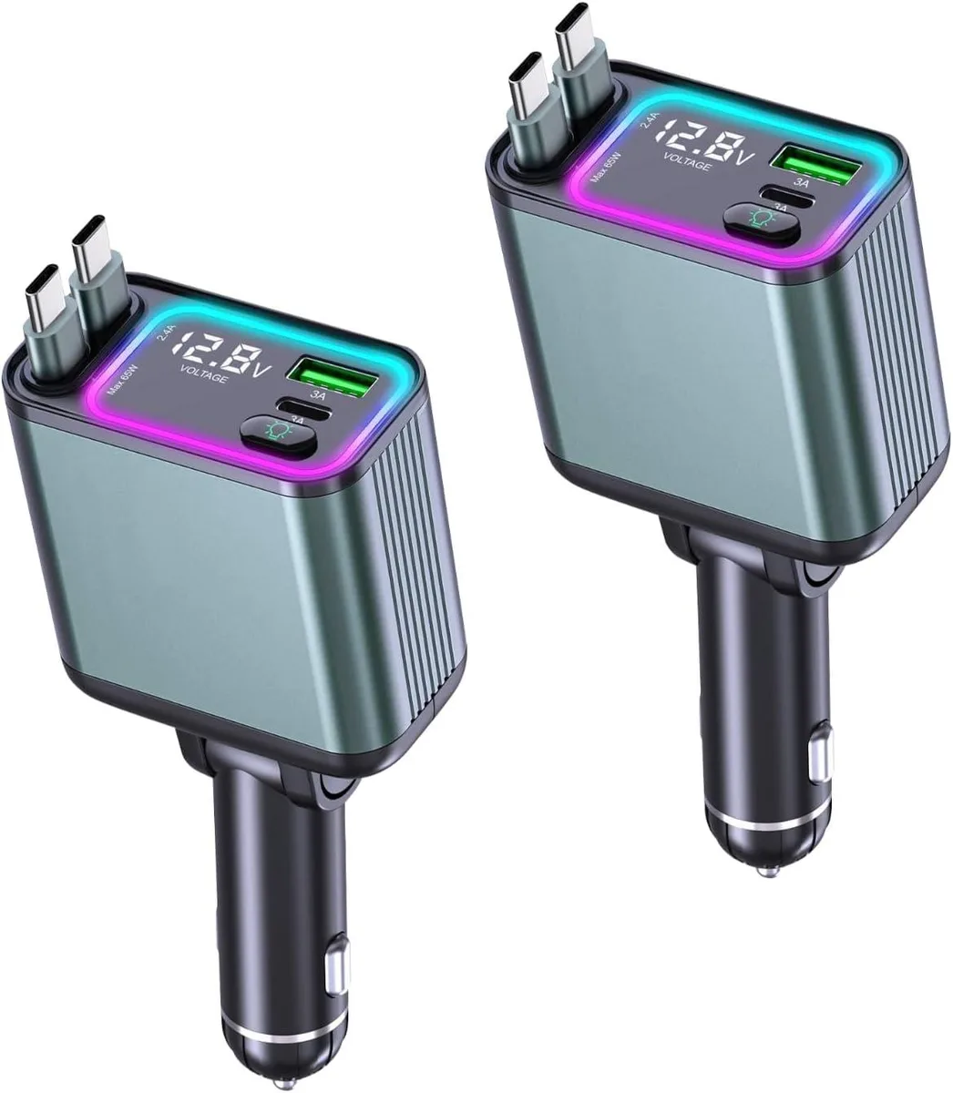 Mydours Mydours 4 in 1 Retractable Car Charger 92W Dual Type C Cable Car Electronics Accessory — product photo