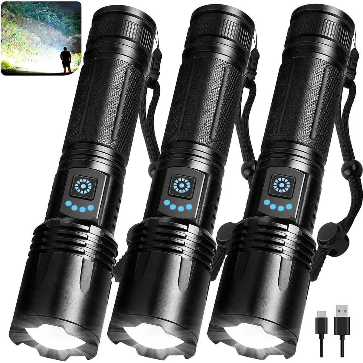 Three cylindrical aluminium flashlights, matte finish, each 6.5 inches long with USB-C ports and blue tail indicators