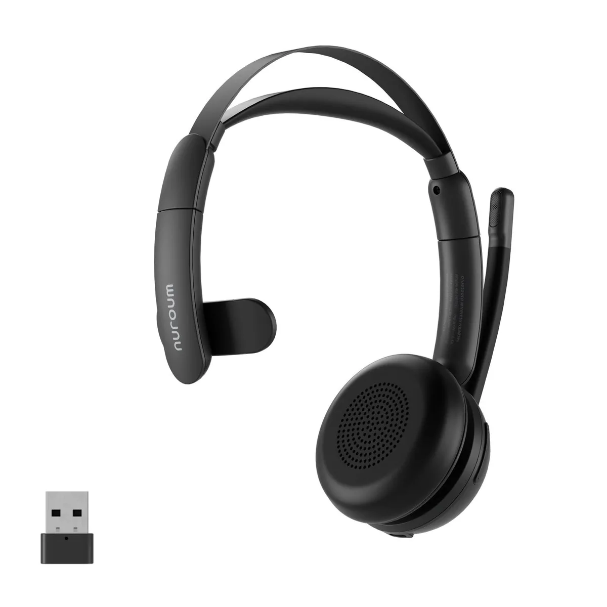 Single-ear wireless headset with boom microphone and USB dongle