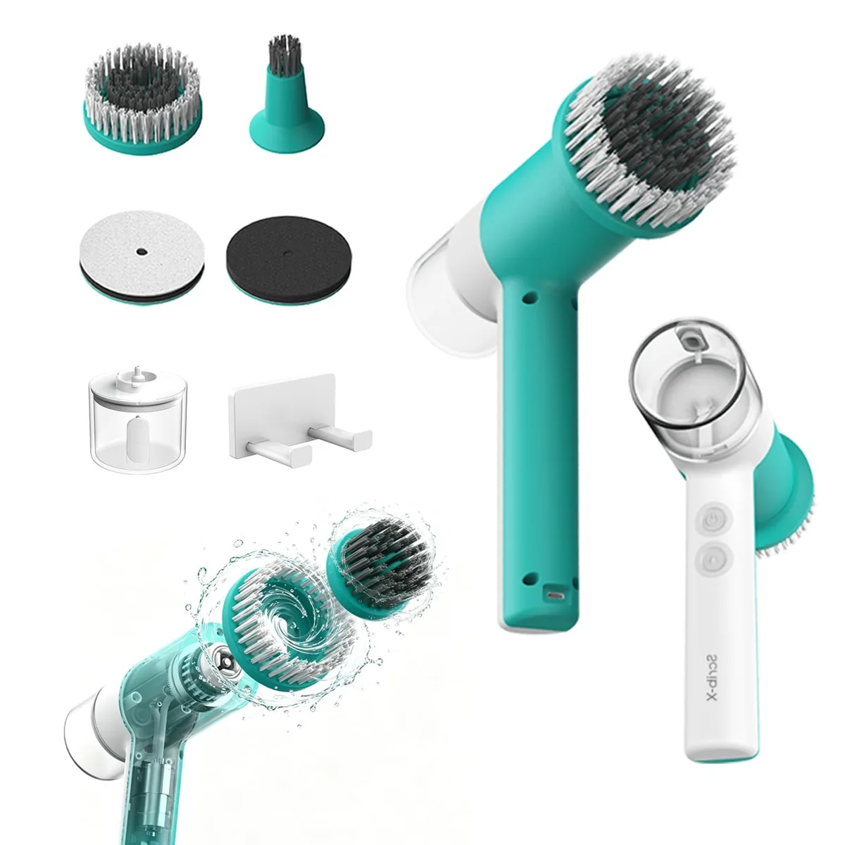 White cordless spin scrubber with dual counter-rotating brush heads and central spray nozzle