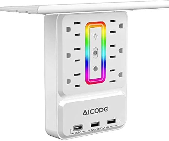 White wall-mounted power strip with six AC outlets, three USB ports, a removable shelf and built-in night light