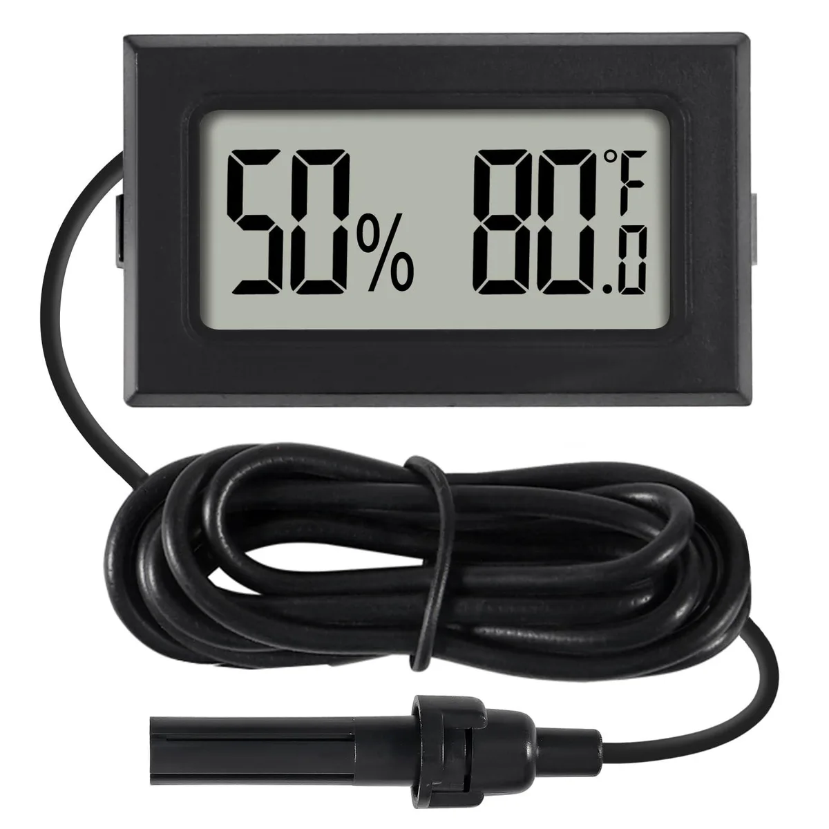 Small black digital thermometer hygrometer with probe sensor and LCD display