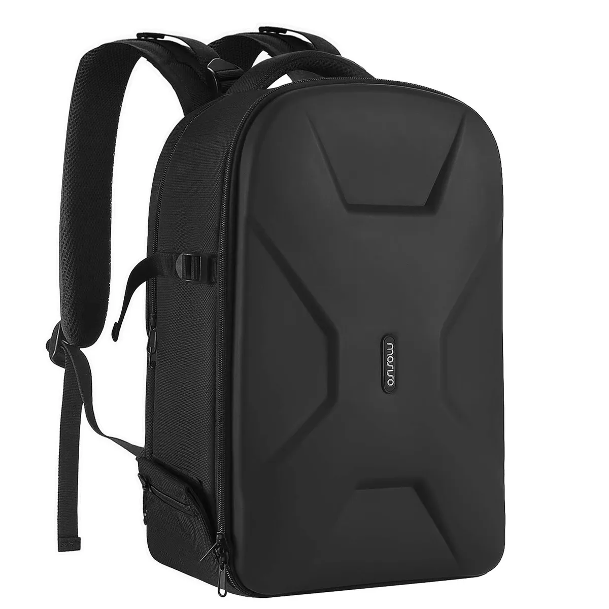 Black faux leather camera backpack with hard shell front and 15.6 inch laptop compartment