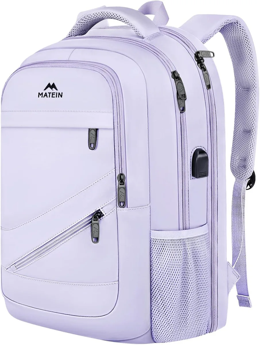 Purple laptop backpack with padded straps and trolley sleeve