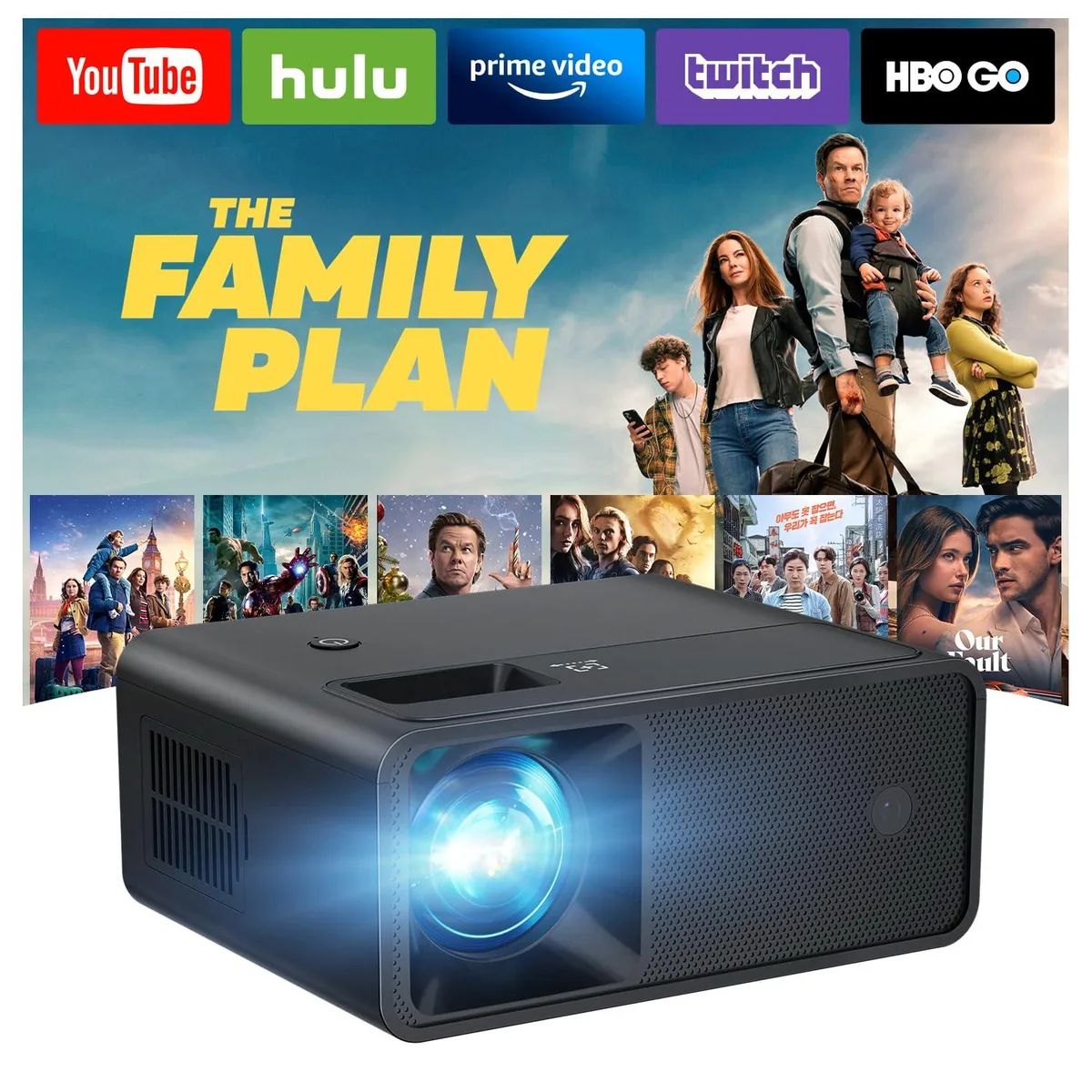 Compact black rectangular LCD projector, 5.5 by 2.36 by 4.33 inches, weighing .52 kg, built-in speakers, tabletop mount