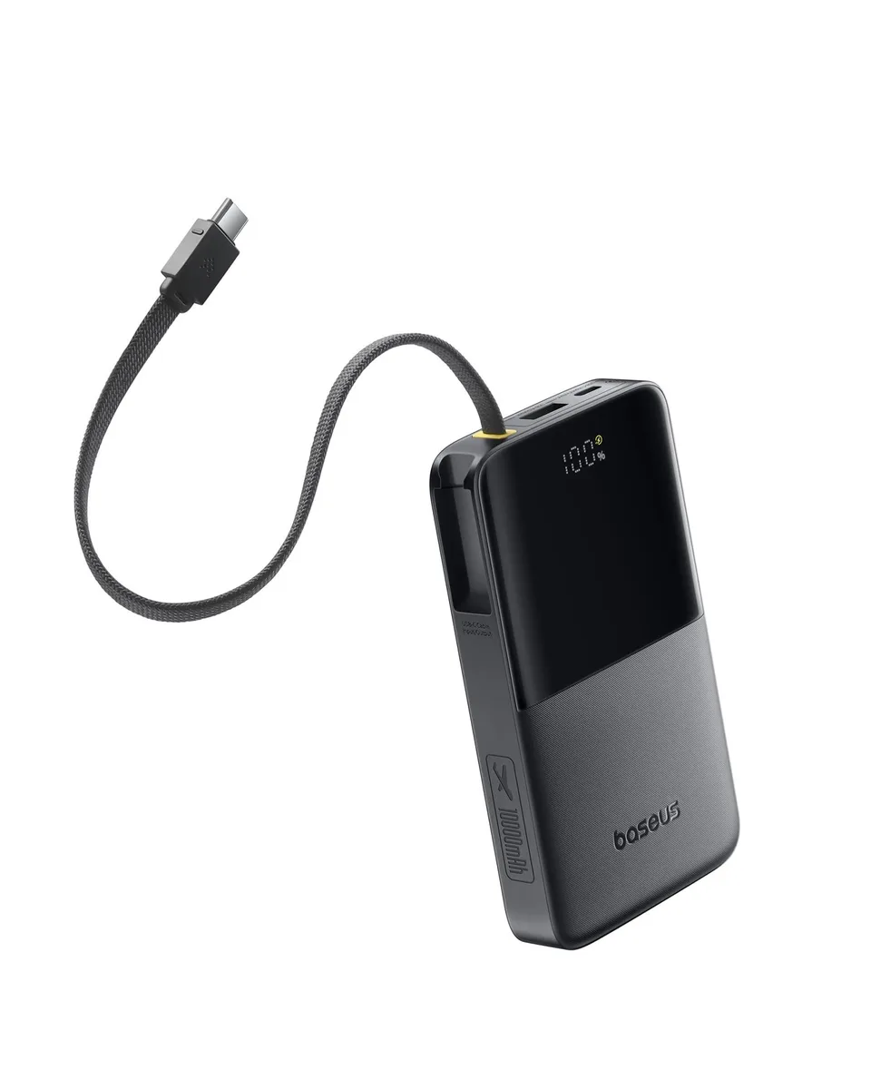 Black rectangular power bank with built-in braided USB-C cable looped on side, smooth matte finish