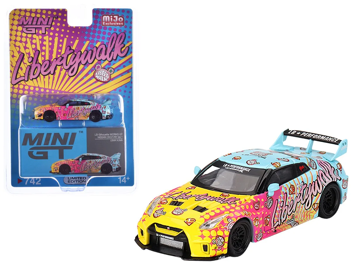 Mini GT Mini GT Nissan 35GT-RR Ver.1 LB-Silhouette Works GT Light Blue Yellow LBWK KUMA Ltd Ed 1/64 Diecast Model Car — product photo