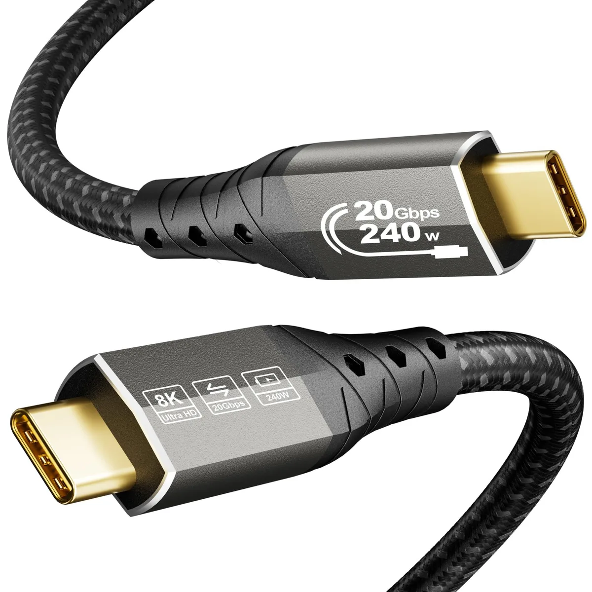 Nylon-braided USB-C to USB-C cable, male-to-male, 3.3FT