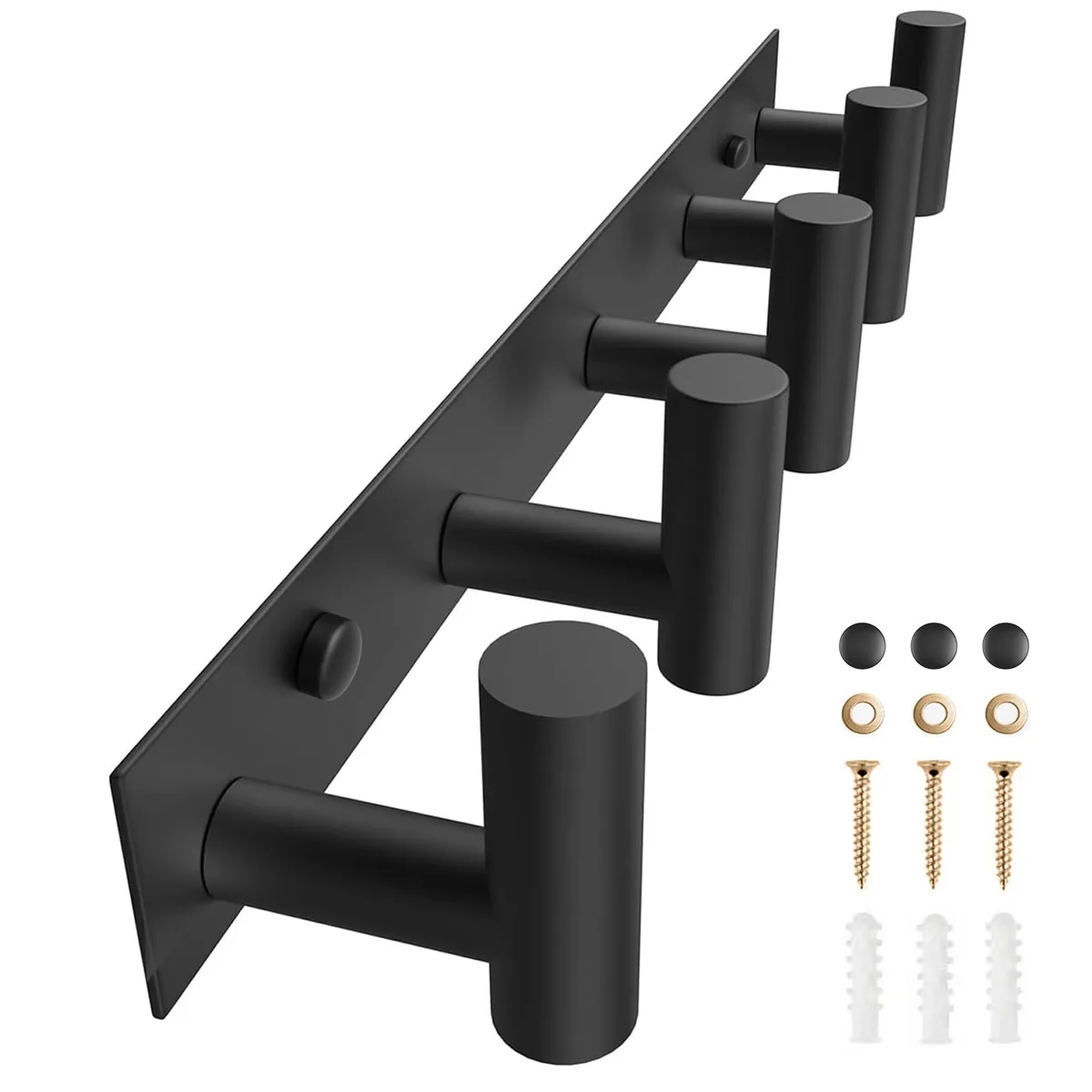 Black wall-mounted coat rack with five hooks in a row, matte finish