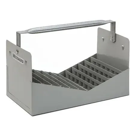 Steel gray tool tote with 42 compartments and handle