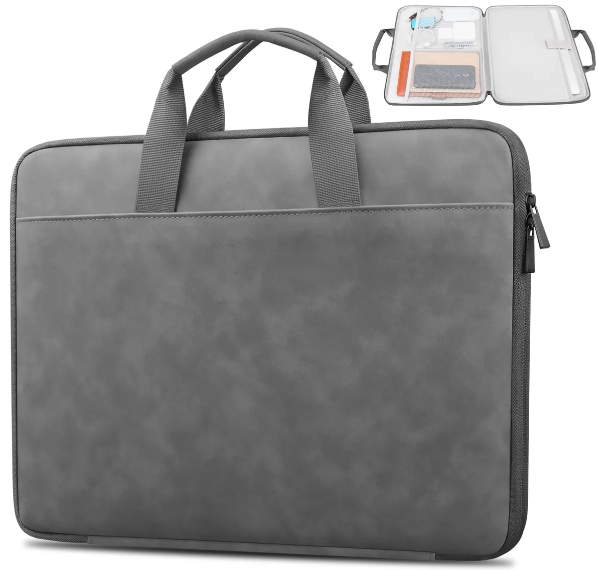 Dark gray suede laptop sleeve with top handles, opens 180 degrees