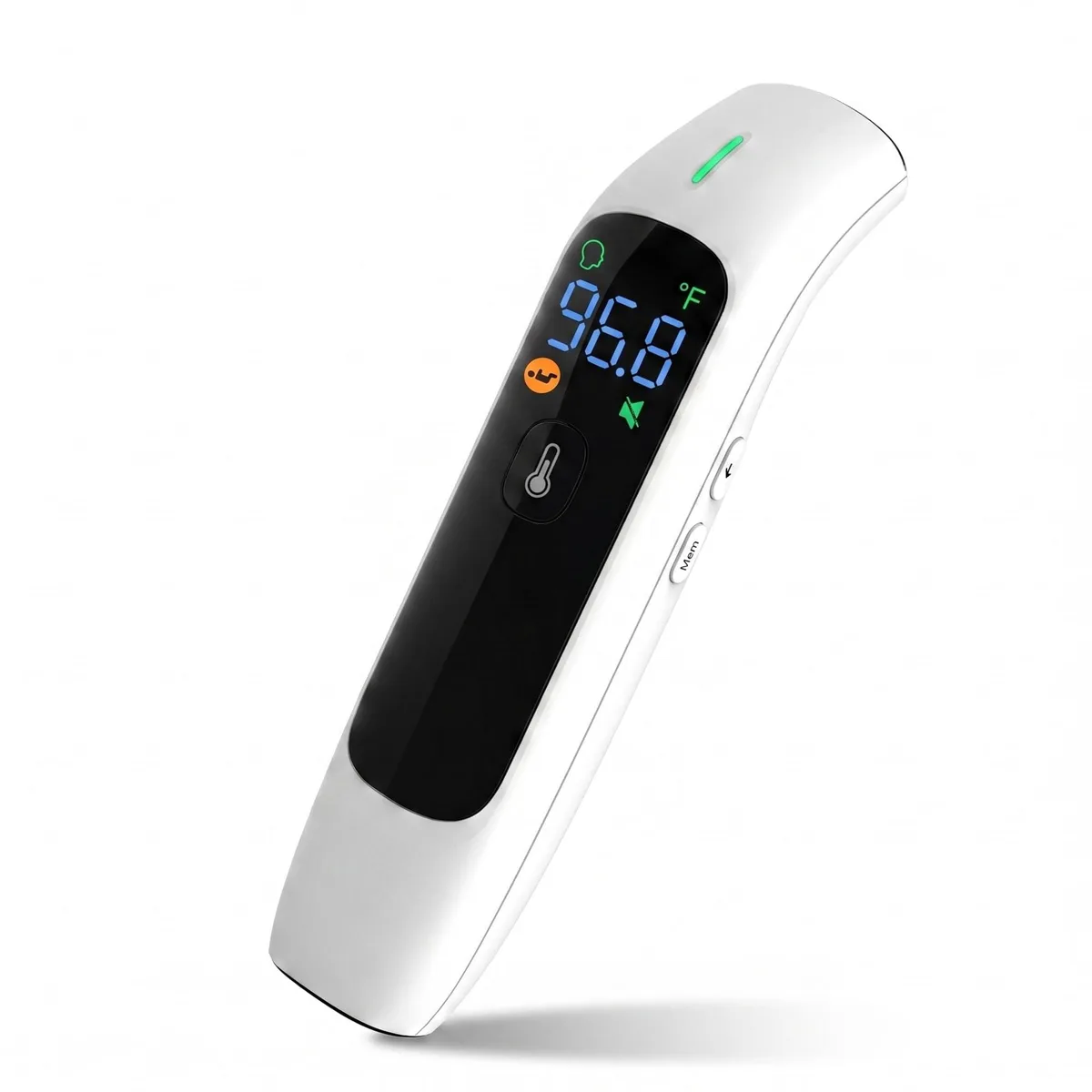 White handheld infrared thermometer with digital display and storage pouch