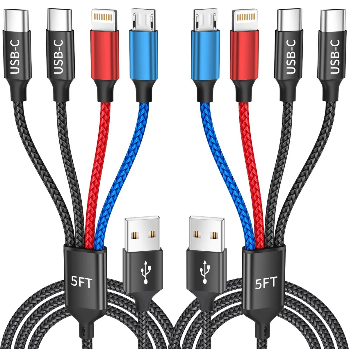  GE 4IN1-2TypeC 4-in-1 phone cable dual USB-C micro USB Lightning 25 ft 2-pack black — product photo