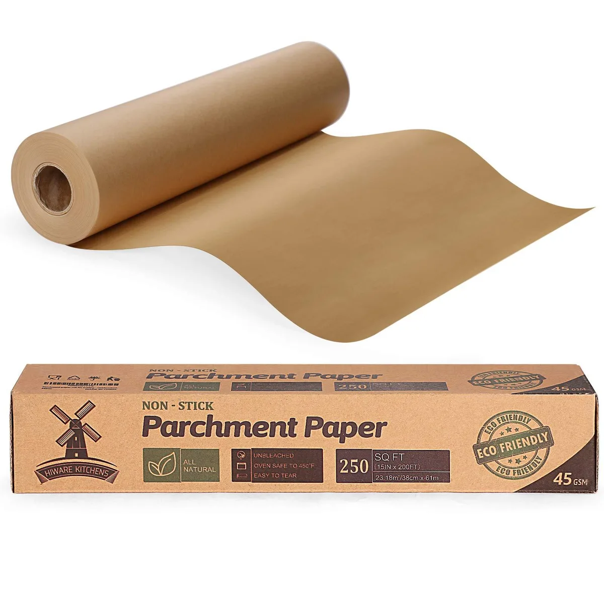 Natural unbleached parchment paper roll in cardboard box with metal cutter