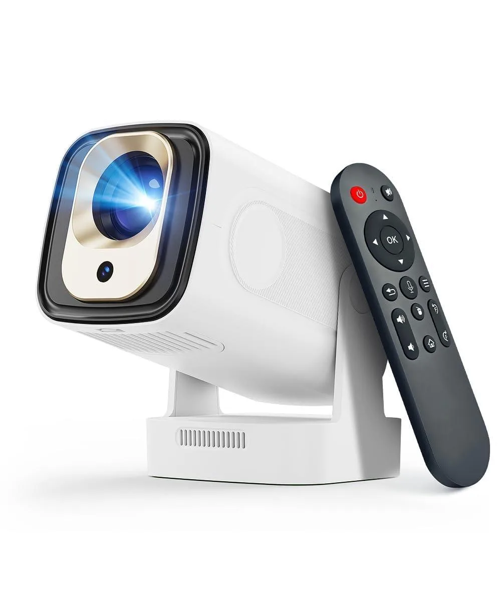 Compact white LCD projector with auto focus and built-in speaker