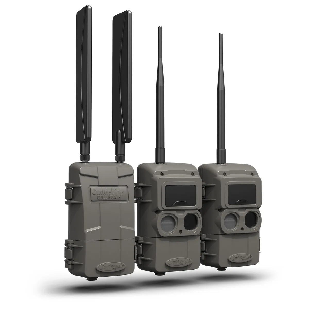 CuddeLink Cell Starter Kit with one home unit and two black flash remote cameras, mounting brackets, straps and antennas