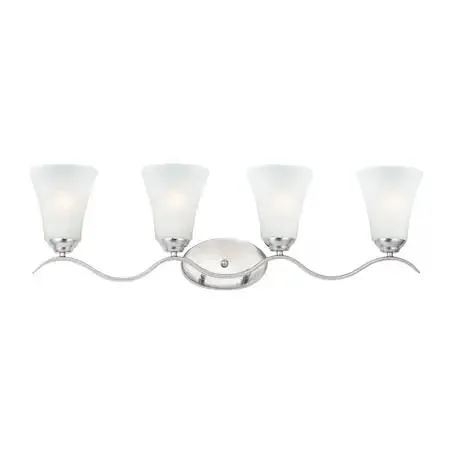 Four-light vanity bar in satin nickel with frosted glass shades, 31.5 inches wide
