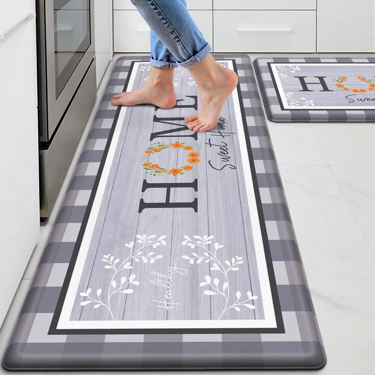 Two beige rectangular runner rugs, 17.3 by 30 and 17.3 by 47.2 inches, solid off-white polyester with non-slip backing