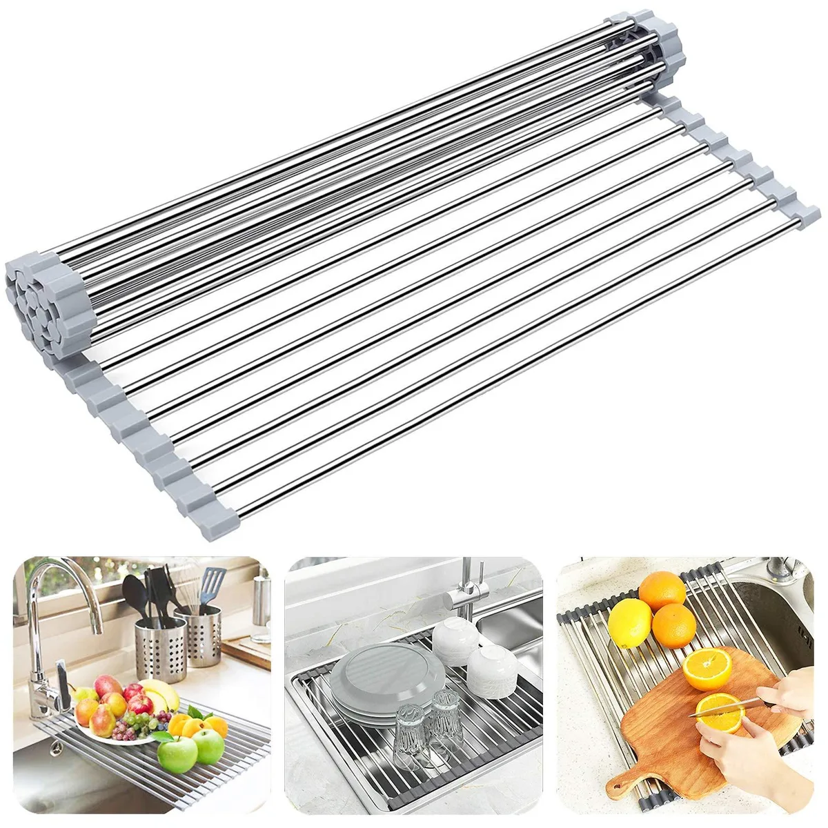 Red foldable stainless steel roll-up rack over sink