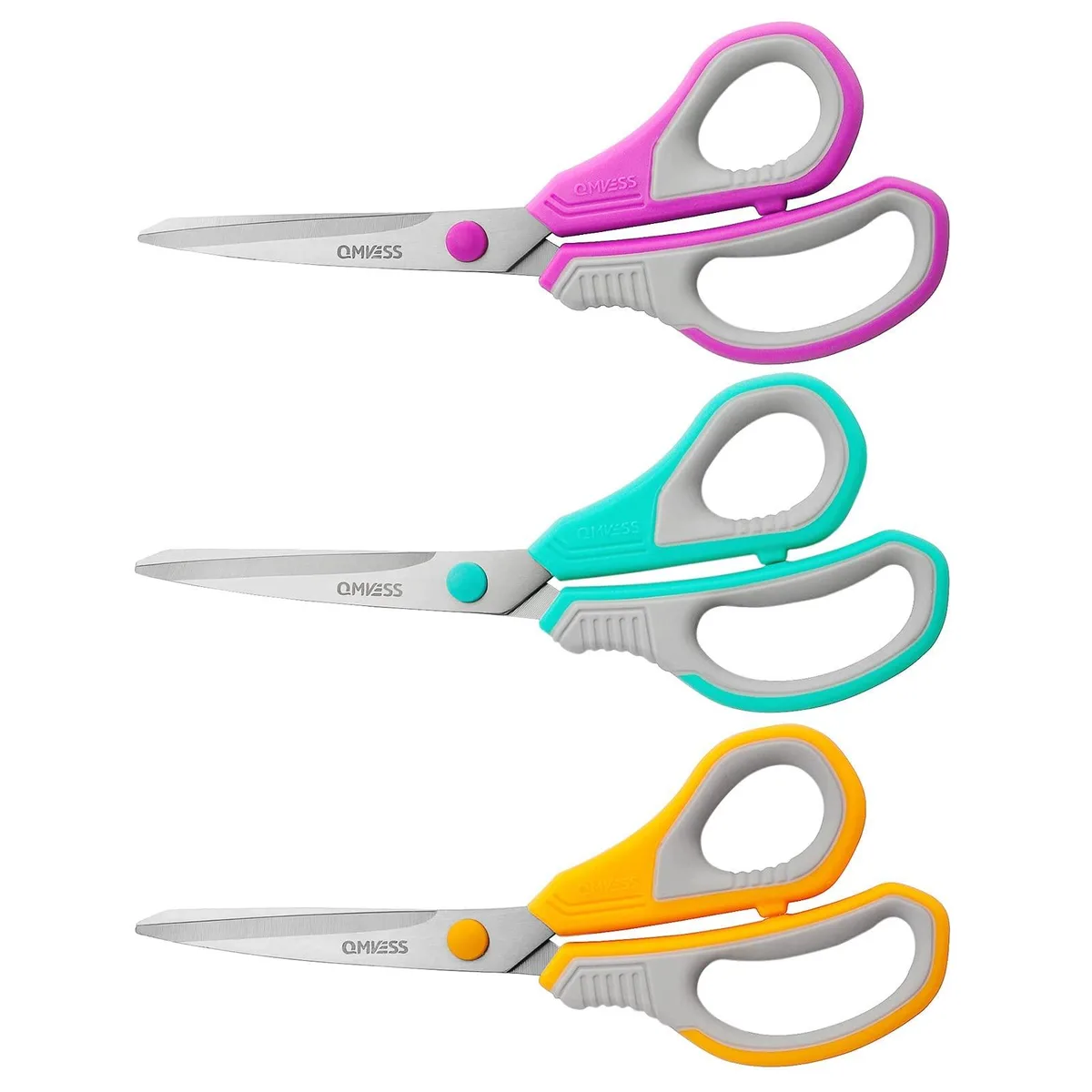 Three green 8.5 inch stainless steel scissors with textured handles