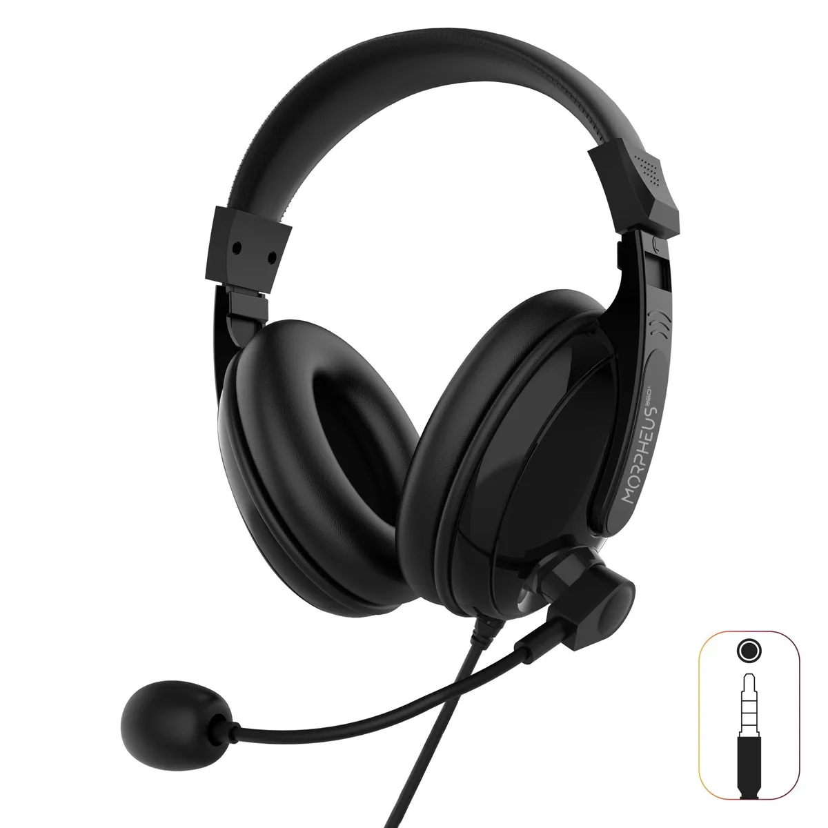 Black over-ear headset with padded band, eco-leather cushions, flip-up mic, 3.5mm plug