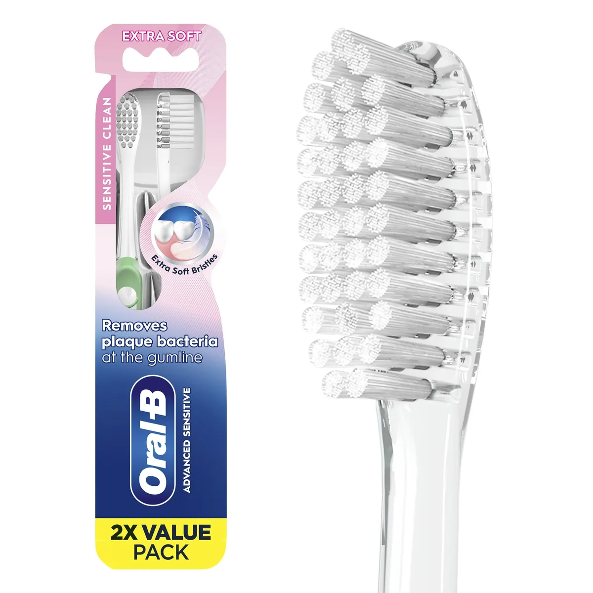Two white manual toothbrushes with ultra-soft bristles and ergonomic handles