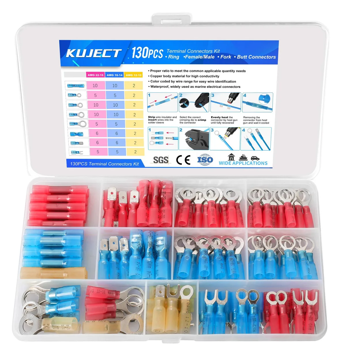 Black heat-shrink wire connector kit, 130 pieces in assorted ring, fork, spade and butt styles, translucent adhesive-lined tubing