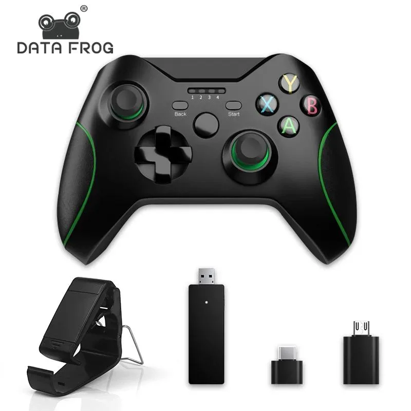 Black wireless gamepad with dual analogue sticks and receiver