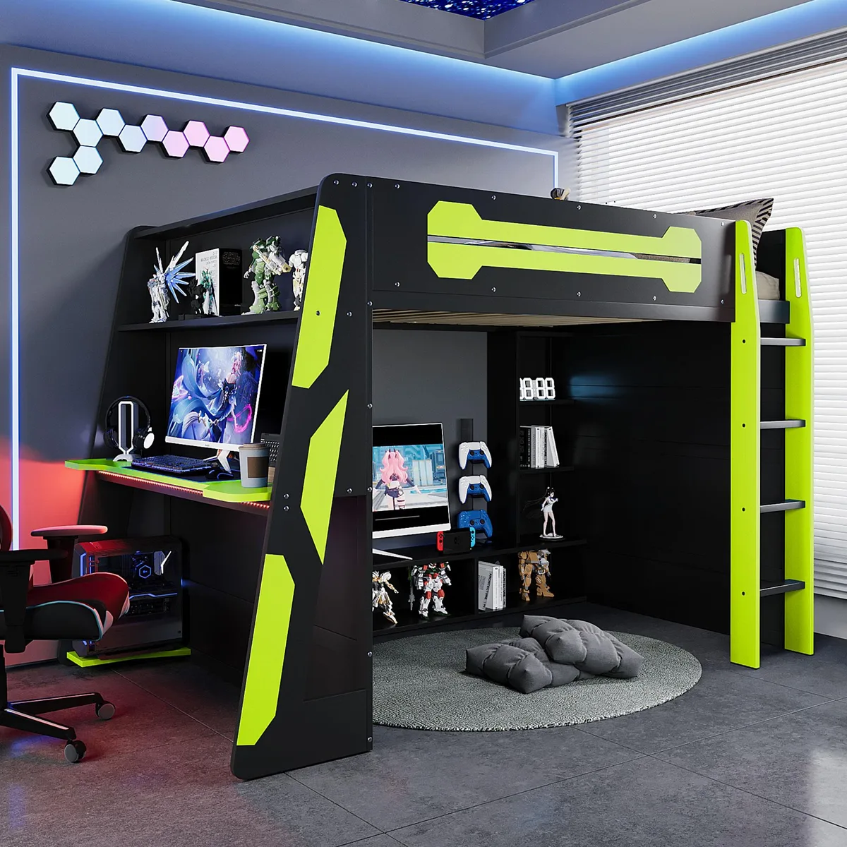 Green wooden full-size loft bed with desk, shelves and RGB strip, 93.3 x 55.6 x 65 cm