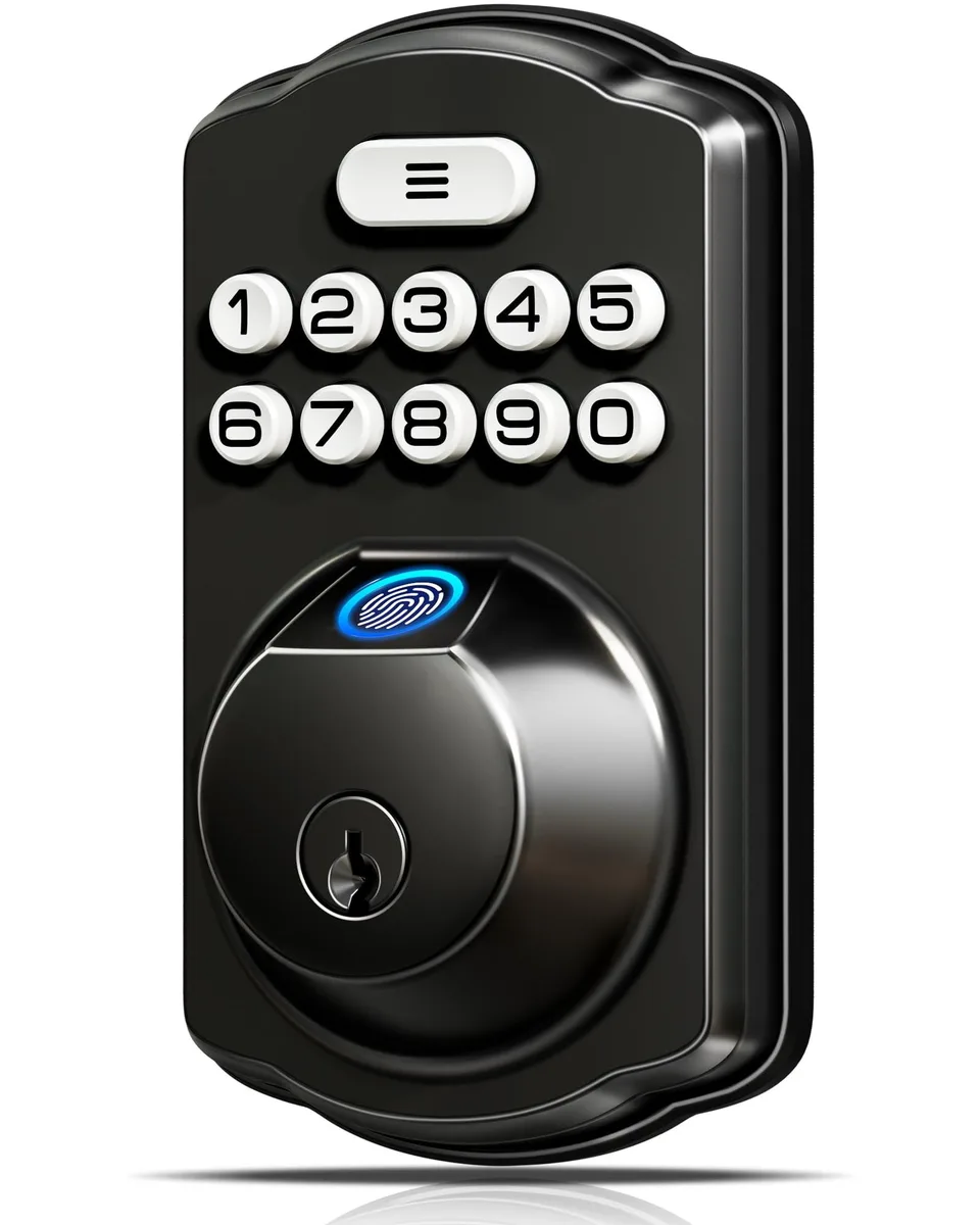 Matte black fingerprint door lock with keypad, rectangular shape, 2.71 by 1.2 by 5.47 inches