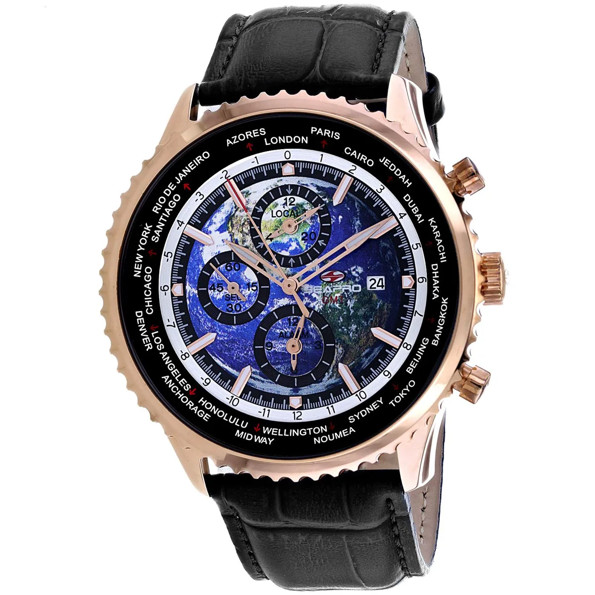 Blue dial stainless steel watch with leather strap
